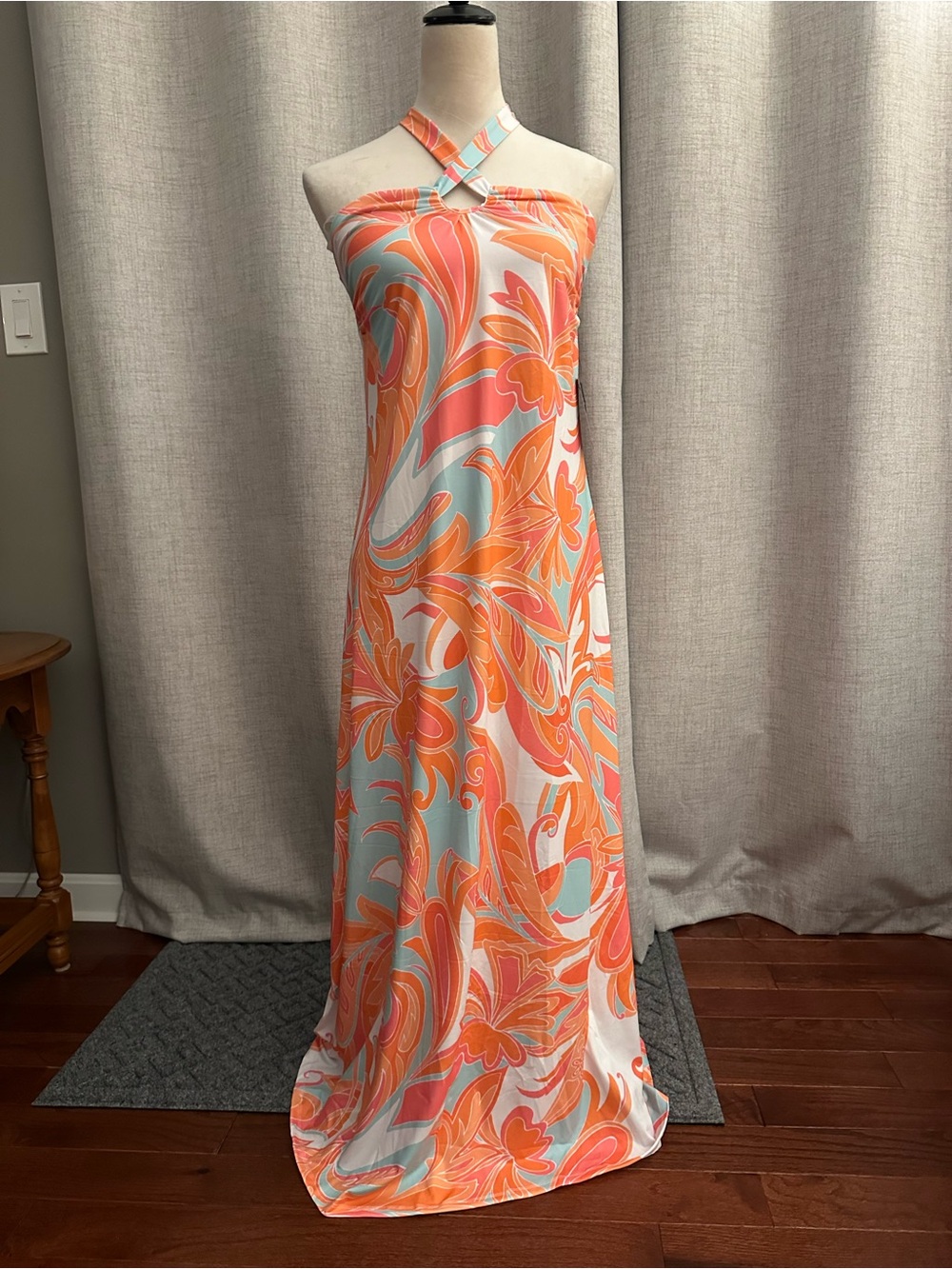 Boston Proper Halter Maxi Dress in Coral, Aqua & White